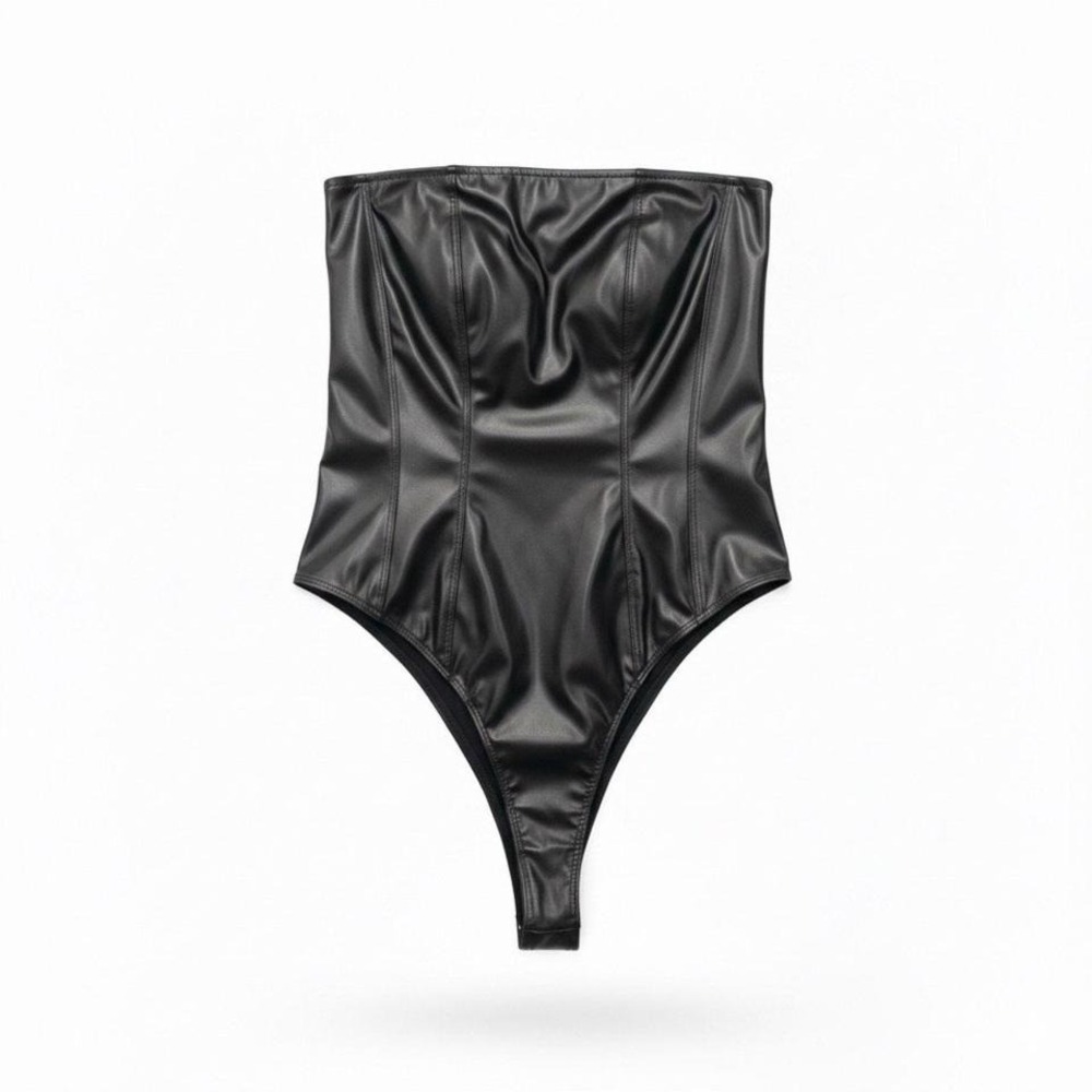 Blue Buttercup Black Faux Leather Halter Bodysuit Womens Sz M Coquette Statement